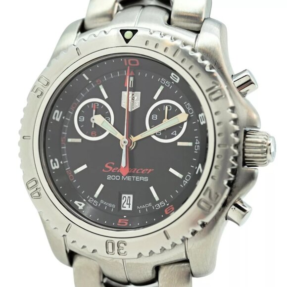 Rare Men's Tag Heuer 42mm Searacer Link Chrono Black Dial Watch B+P Ref: CT1113!